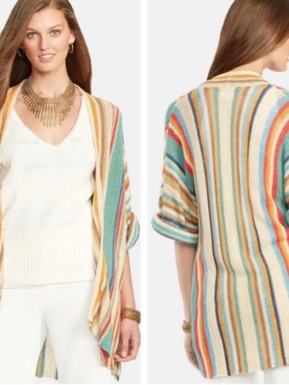 Ralph Lauren Striped Open-Front Cardigan Sweater - Cream Multi Size Large